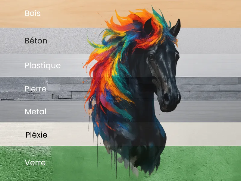 Accueil 16 Impression murale opacifiée d’un cheval noir sur plusieurs supports – bois, verre, métal, carrelage, plâtre