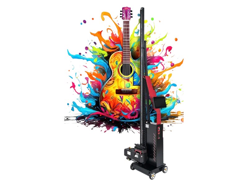 Nos machines 1 Imprimante murale MK01-TCP1000 en action – impression haute définition d'une guitare colorée sur mur intérieur