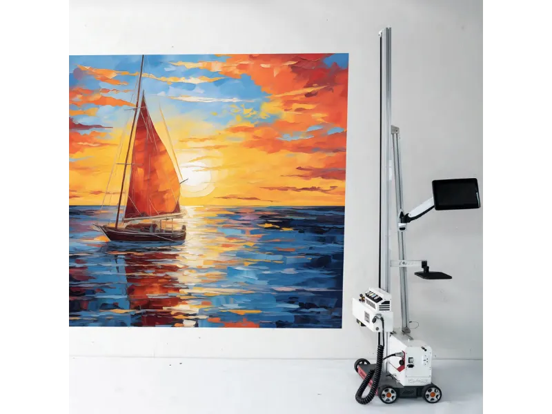 Imprimante murale TMP1000 – impression d’un coucher de soleil sur l’eau avec voilier, réalisée par SYMP'S