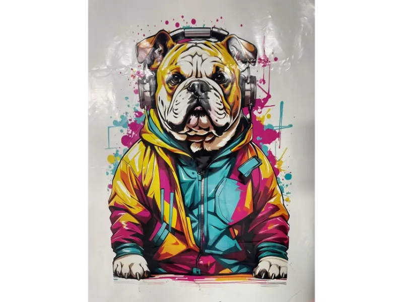 Impression murale d’un bulldog sur support cellophane – démonstration technique sur surface souple par SYMP'S