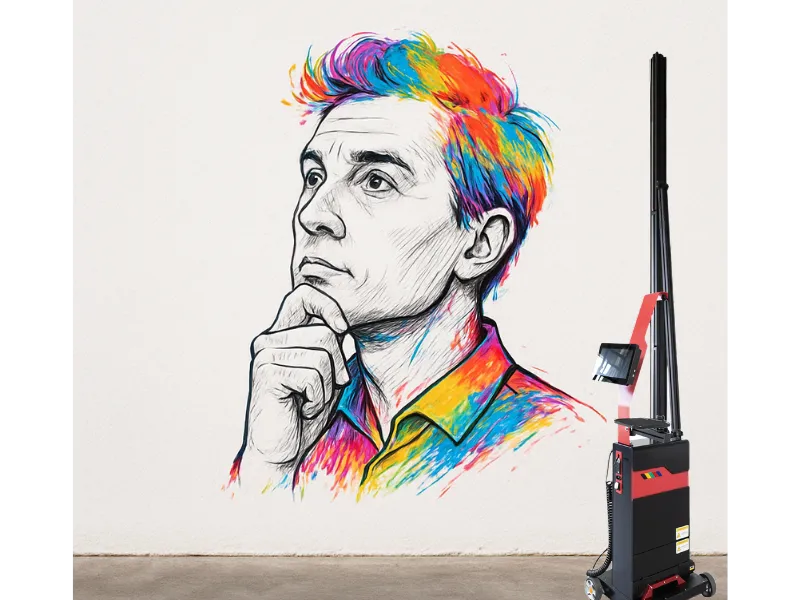 Nos services 1 Imprimante murale MK01-TCP1000 – impression haute définition d’un homme aux cheveux colorés sur mur blanc