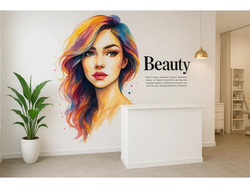 Impression murale d’un visage de femme derrière le pupitre d’un salon de coiffure – réalisation SYMP'S PRINT