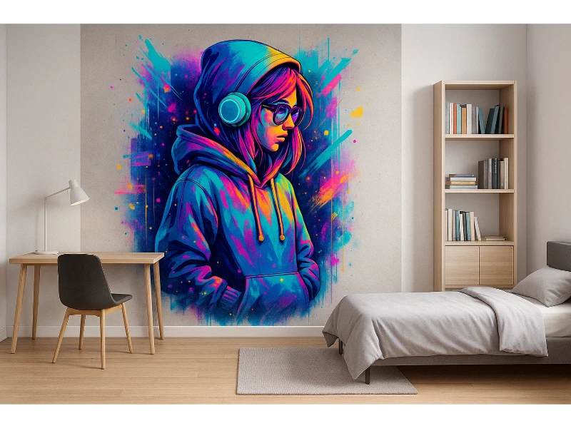 Accueil 3 Résultat après impression murale – visuel urbain d’une jeune fille à capuche avec écouteurs dans une chambre d’adolescent