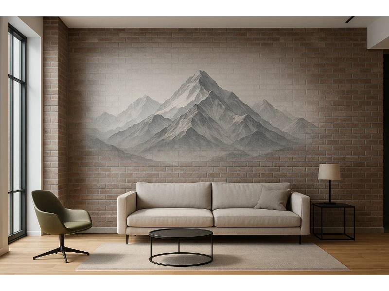 Accueil 4 Résultat après impression murale – paysage de montagne grand format dans un salon moderne