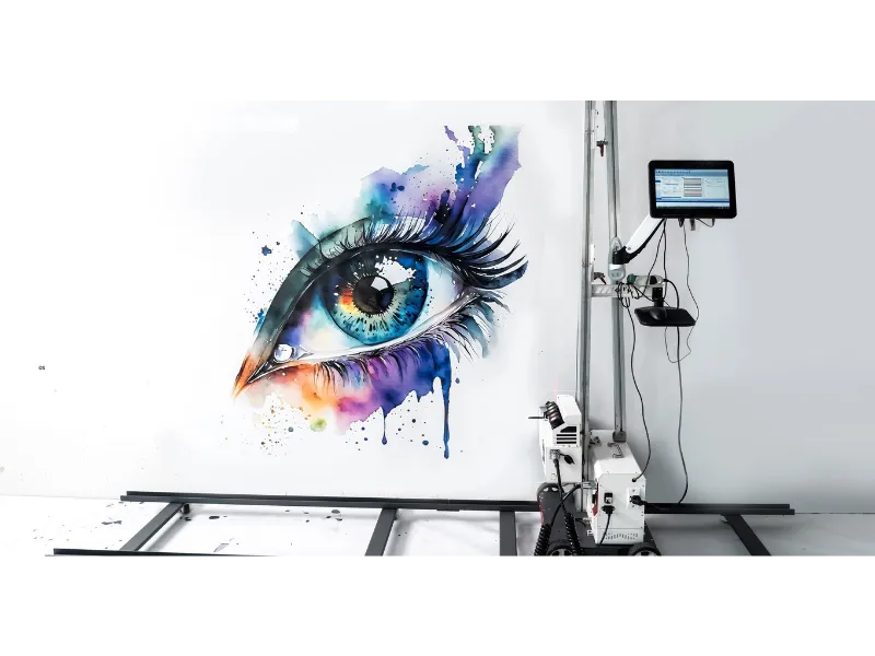 Imprimante murale TMP1000 – impression en haute définition d’un œil coloré sur un mot décoratif, réalisée par SYMP'S