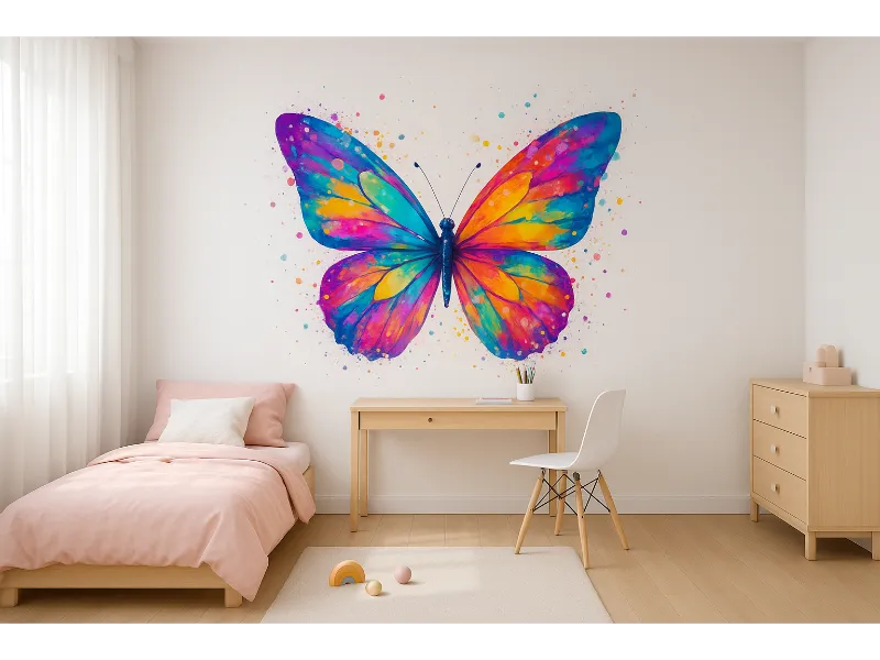 Chambre d’enfant après impression murale – papillon coloré en très haute définition imprimé sur le mur