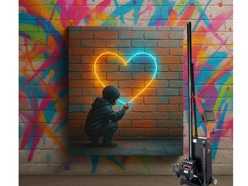 Accueil 7 Impression murale réalisée avec l’imprimante murale TCP1000 – visuel d’un petit garçon dessinant un cœur sur un mur en brique