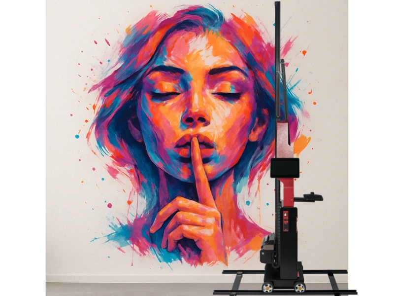 Imprimante murale MK01-TCP1000 – impression haute définition d’un visage de femme touchant sa bouche, par SYMP'S