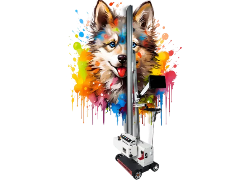 Nos machines 2 Imprimante murale TMP1000 – impression colorée d’un chien sur un mur intérieur