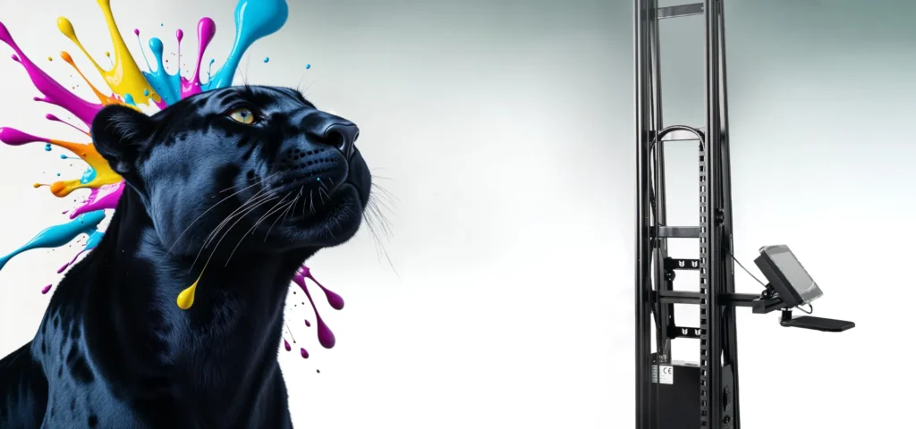 Impression murale d’une panthère noire éclaboussée de couleurs avec la machine SYMP’S Opaline.