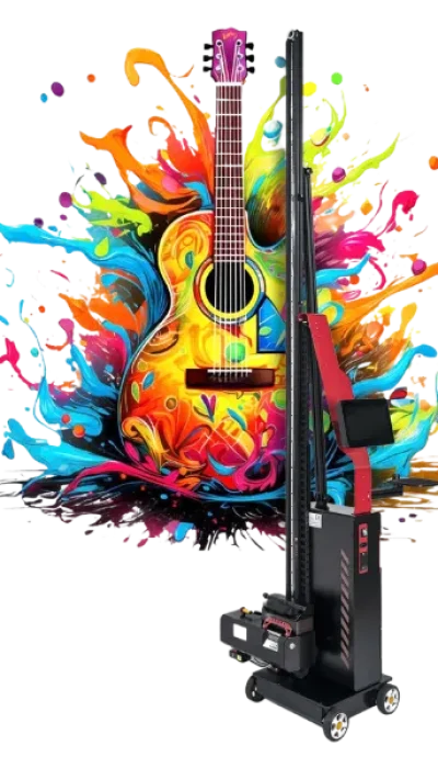 Imprimante murale Symp's M1 en action – impression haute définition d'une guitare colorée sur mur intérieur